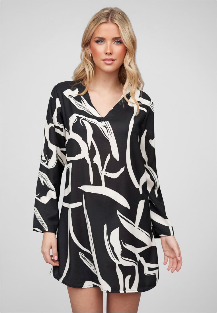 Dress with turn-up sleeves and V-neck All Over graphic print